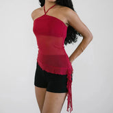 Asymmetric Hem Mesh Halter Tank Top